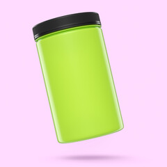 Green plastic jar for sport nutrition whey protein powder isolated on pink