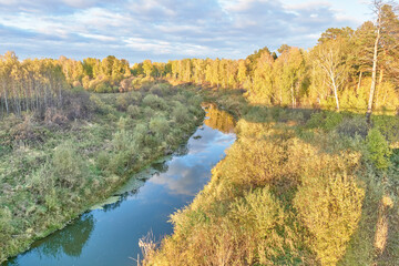 Siberian taiga river Vagai. Autumn landscape.
