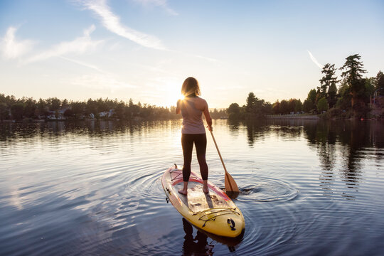 Adventurous Caucasian Adult Woman Paddling on a Stand up Paddle Board in water at a city park. Sunny Sunset Sky. Gorge Park, Victoria, Vancouver Island, BC, Canada.