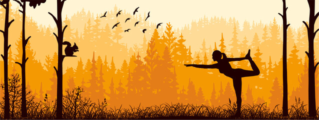 Horizontal banner. Silhouette of girl practicing yoga on meadow in forrest. Yoga sun salutation. Healthy lifestyle, trees, grass. Magical misty landscape, fog. Orange illustration.