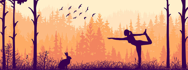 Horizontal banner. Silhouette of girl practicing yoga on meadow in forrest. Yoga sun salutation. Healthy lifestyle, trees, grass. Magical misty landscape, fog. Orange, pink illustration.  © Anna