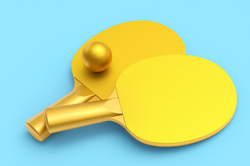 Pair of ping pong rackets for table tennis with ball isolated on blue