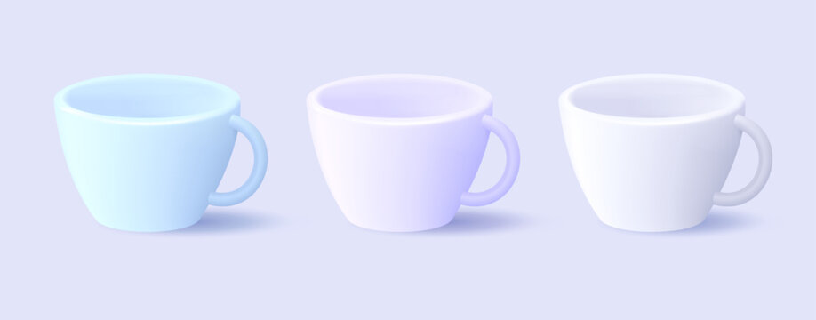 Set of empty coffee or tea cups in 3d render style, light colors