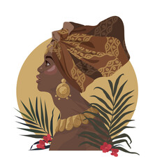 Beautiful woman, turban, Kente head wrap African, traditional gold earrings, tropical palm leaves, exotic flowers, white isolated background. 3d Vector illustration. Contemporary art, fashion portrait
