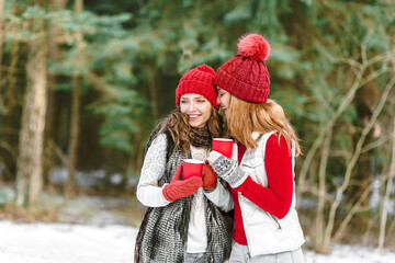 Two happy young women in snow, winter nature background.