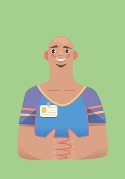 conseiller d&rsquo;orientation &eacute;cole entretien homme adulte chauve sourire discussion badge identit&eacute; barbiche employ&eacute; assistante sociale