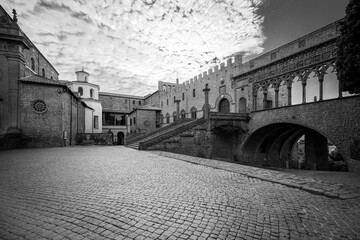 church and complex in the medieval town of Viterbo,  bw photo
