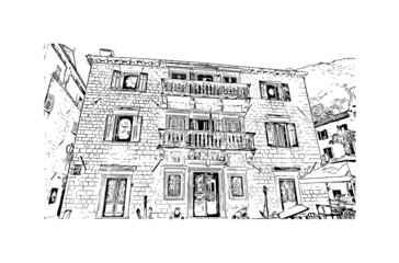 Building view with landmark of Kotor is the 
town in Montenegro. Hand drawn sketch illustration in vector.