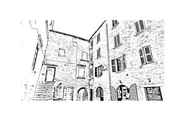 Building view with landmark of Kotor is the 
town in Montenegro. Hand drawn sketch illustration in vector.