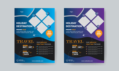 Travel flyer template design with contact and venue details. Summer travel agency promotion template design