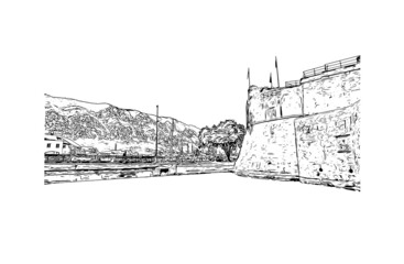 Building view with landmark of Kotor is the 
town in Montenegro. Hand drawn sketch illustration in vector.