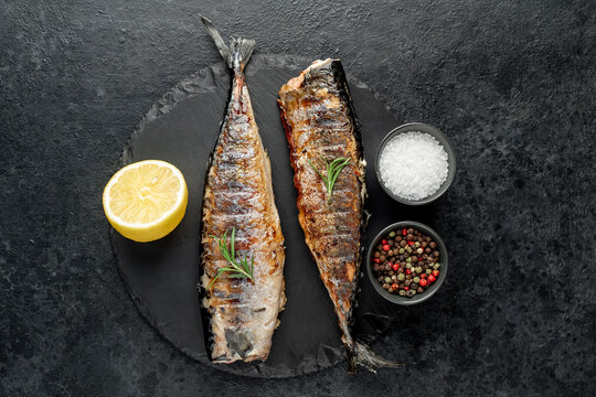 grilled mackerel on stone background