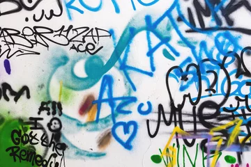 Tuinposter Close-up van kleurrijke rommelig geschilderde stedelijke muur textuur. Modern patroon voor behangontwerp. Creatieve stedelijke stad achtergrond. Abstracte open compositie. © Aleksandra Konoplya