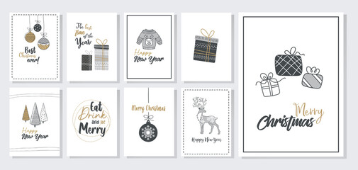 Trendy Merry Christmas set cards with modern hand drawn elements and greetings. Lettering design collection. doodle and scribbles line vector.
