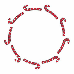 Round frame with funny red christmas candies on white background. Vector image.