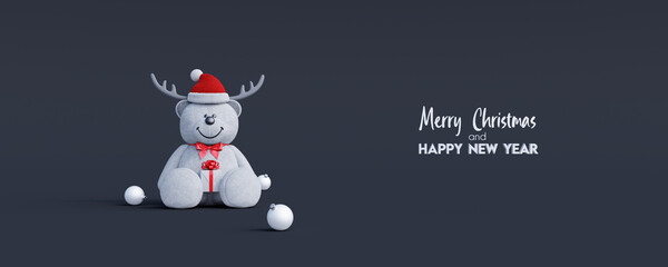 Teddy bear with Reindeer antlers hat hold Christmas gift. Winter Holidays background concept 3d render 3d illustration