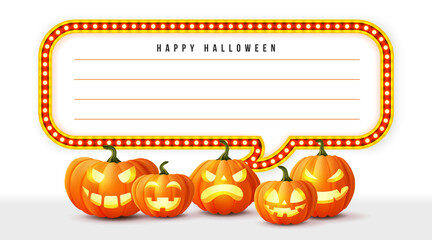 Happy halloween 3D realistic scary jack lantern and neon Circus lights frame memo template
