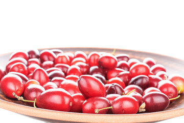 Several bright red ripe dogwood berries in a ceramic bowl, close-up, isolated on white.