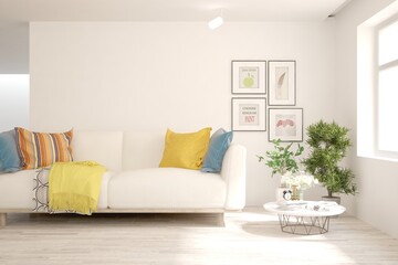 Naklejka premium White living room with sofa. Scandinavian interior design. 3D illustration