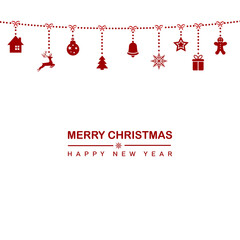 Naklejka na ściany i meble Happy New Year illustration with hanging red Xmas ornaments. Vector