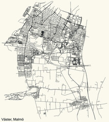 Fototapeta na wymiar Detailed navigation urban street roads map on vintage beige background of the quarter Väster (West) district of the Swedish regional capital city of Malmö, Sweden