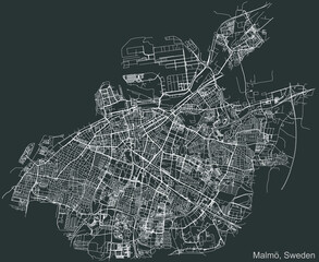 Detailed negative navigation urban street roads map on dark gray background of the Swedish regional capital city of Malmö, Sweden