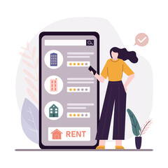 Woman choosing apartment to rent in mobile app based on reviews. Renting property with online service. Girl looking for house. Real estate selection