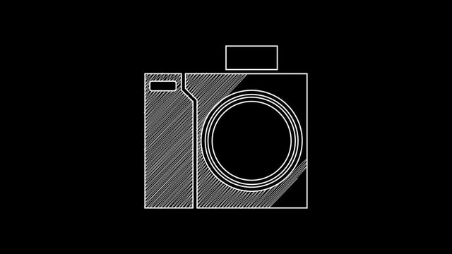 White line Photo camera for diver icon isolated on black background. Foto camera icon. Diving underwater equipment. 4K Video motion graphic animation