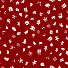 Seamless pattern with Xmas ornaments on red background. Vector