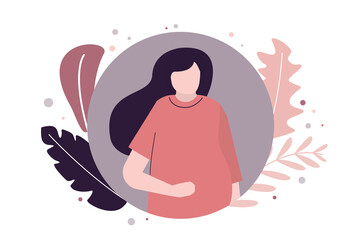 Young woman expecting baby. Happy pregnancy and motherhood. Pregnant wife in flowers. Happiness lady with waiting for kid. Cartoon mother on natural background