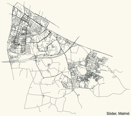 Obraz premium Detailed navigation urban street roads map on vintage beige background of the quarter Söder (South) district of the Swedish regional capital city of Malmö, Sweden