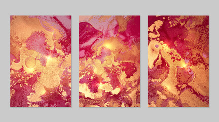 Marble set of gold, maroon and magenta backgrounds with texture. Geode pattern with glitter. Abstract vector backdrops in fluid art alcohol ink technique. Modern paint with sparkles for banner, poster