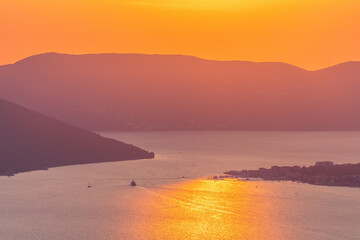 View to Boka Kotor Bay from above at sunset, Montenegro