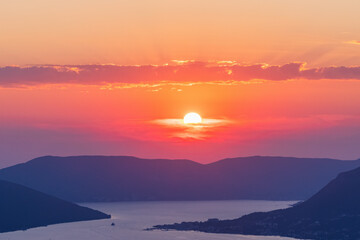 View to Boka Kotor Bay from above at sunset, Montenegro