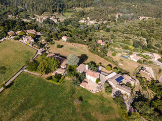 Aerial view of the village of Soudorgues in the Cevennes mountains (South of Massif Central, France)