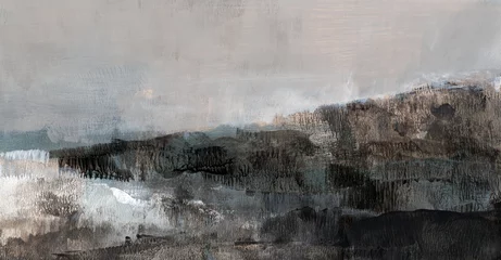 Gordijnen Abstract winter landscape. Acrylic and ink on paper. Beautiful artistic image for creative design projects: posters, banners, cards, websites, prints, wallpapers. Neutral colours. Hand painted artwork © tofutyklein