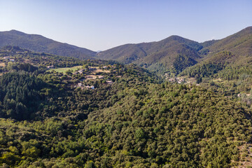 Fototapeta na wymiar Aerial view of the village of Soudorgues in the Cevennes mountains (South of Massif Central, France)