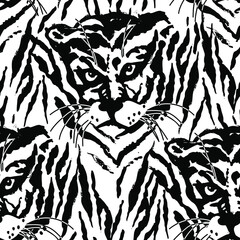 Seamless pattern with Tigers. Drawn with ink and brush. Freehand  illustration vector.