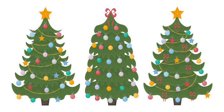 Christmas trees. A set of three Christmas trees decorated with festive toys, garlands and a golden star on the top and also bows. Vector illustration of a Christmas pine tree isolated