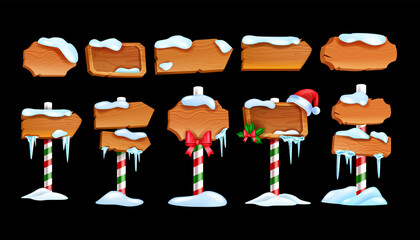 Winter wooden sign board set, vector Christmas season cartoon vintage banner kit, plywood road panel. North Pole arrow, UI game design pointer object isolated collection, snowdrift icicle. Wooden sign