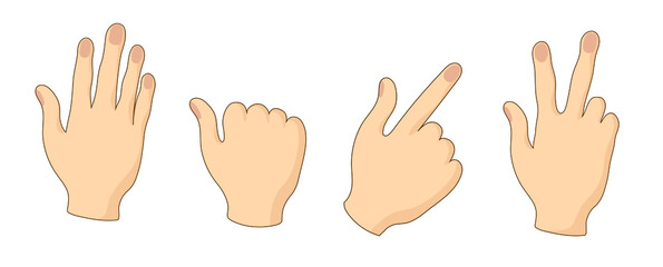 fist hand gestures, hand sign victory, open hand with fingers apart, pointing hand with forefinger