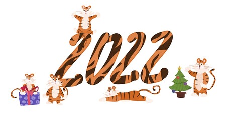 inscription 2022 and a flock of tigers. flat style