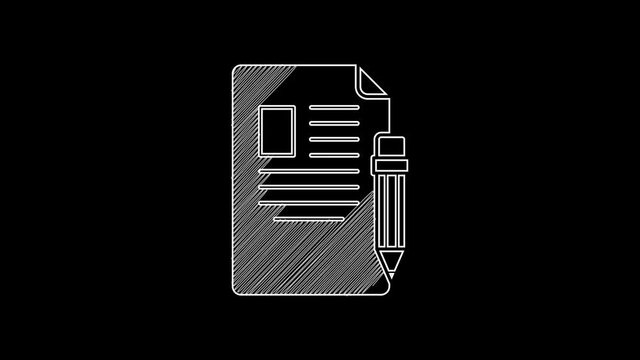 White line Exam sheet and pencil with eraser icon isolated on black background. Test paper, exam, or survey concept. School test or exam. 4K Video motion graphic animation