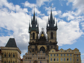 Fototapeta premium Front view of Tyn church from the Old Town Square in Prague