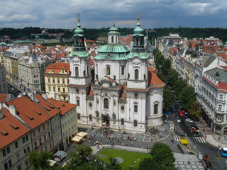 Aerial view of St. Nicholas church from the top of the Old Town City Hall tower of Prague