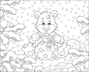 Friendly smiling little polar bear sitting on a snow-covered forest glade and opening a beautiful bag with a holiday gift, black and white vector cartoon for a coloring book page