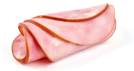 Cooked boiled ham slices, isolated on white background.