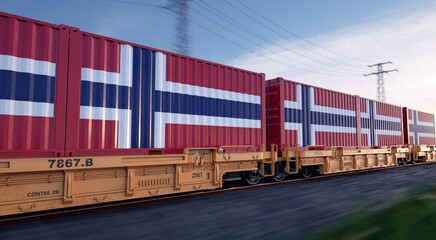 Norwegian export. Running train loaded with containers with the flag of Norway. 