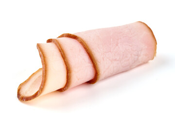 Smoked pork tenderloin, sliced ham, meat fillet, isolated on white background.