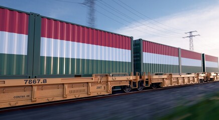 Fototapeta premium Hungarian export. Running train loaded with containers with the flag of Hungary. 